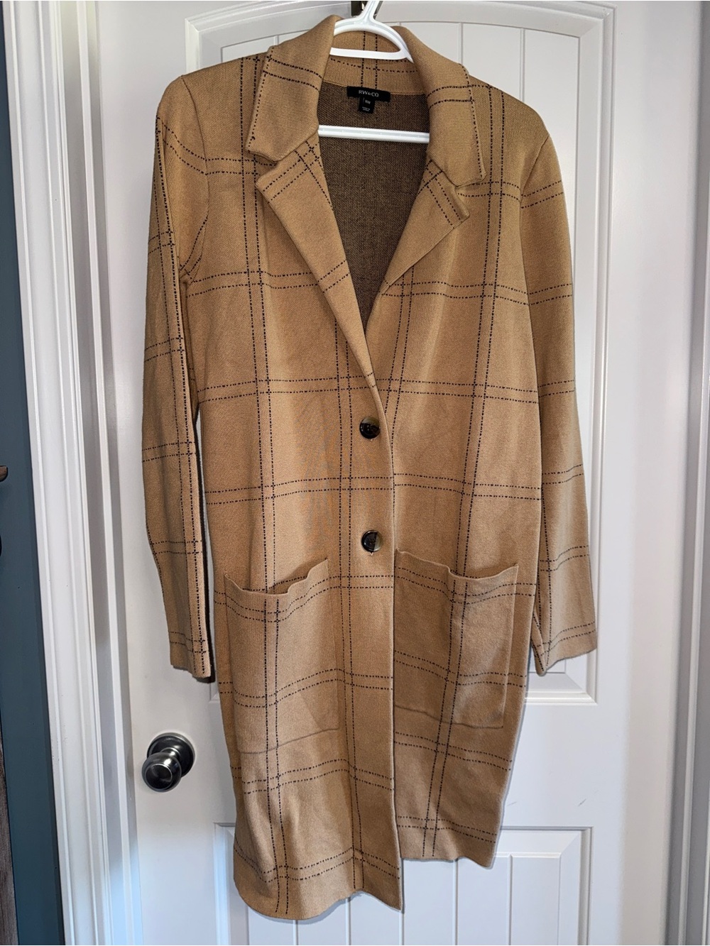 Windowpane Camel Long Knit Blazer - Women's Casual Coat
